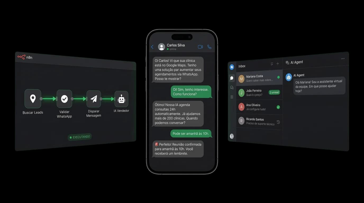 Infraestrutura WABA em funcionamento: n8n com workflow de automação, WhatsApp com IA respondendo e Chatwoot com atendimento automático