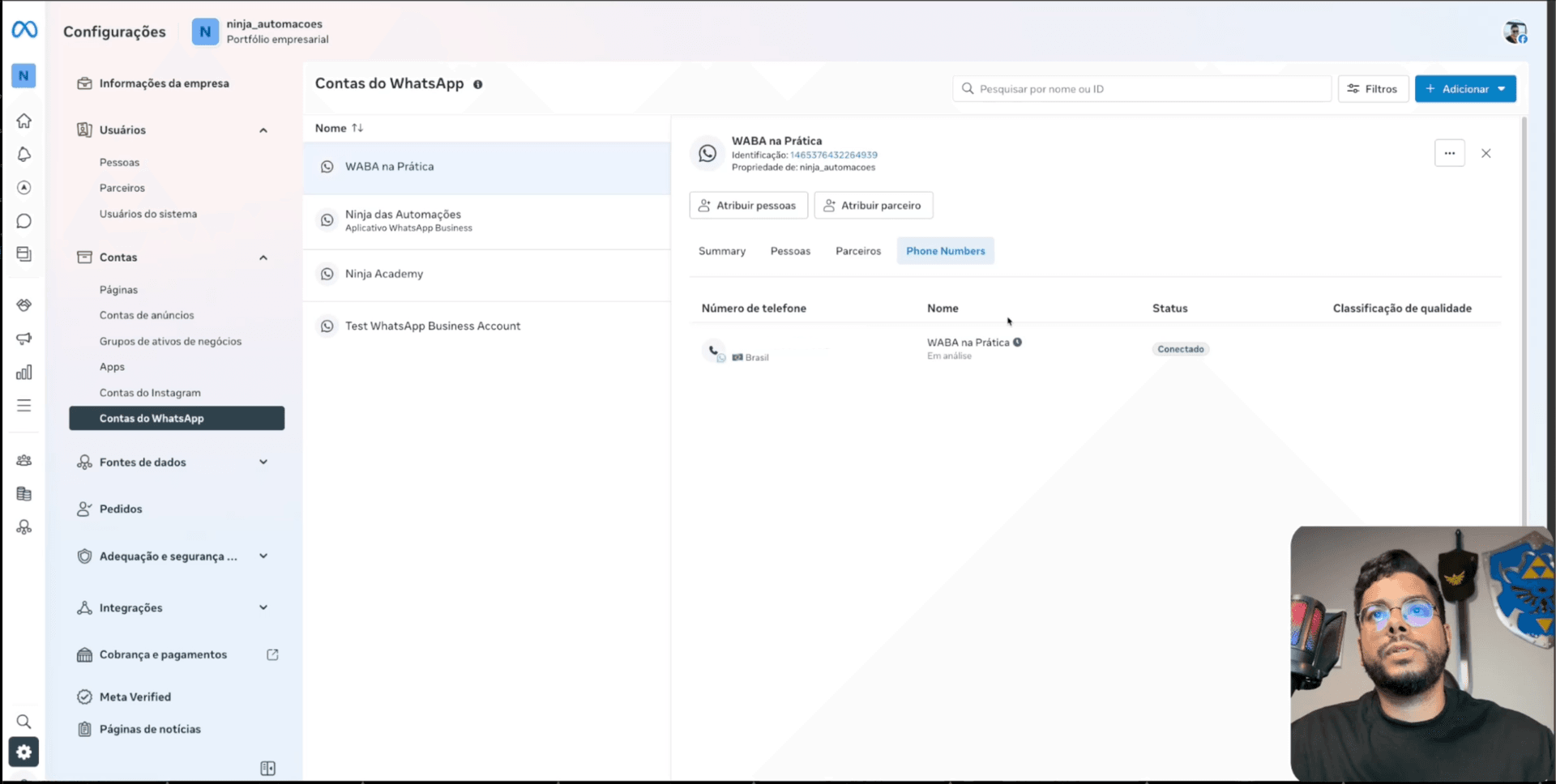 Dashboard da API Oficial Meta mostrando número conectado com status CONNECTED